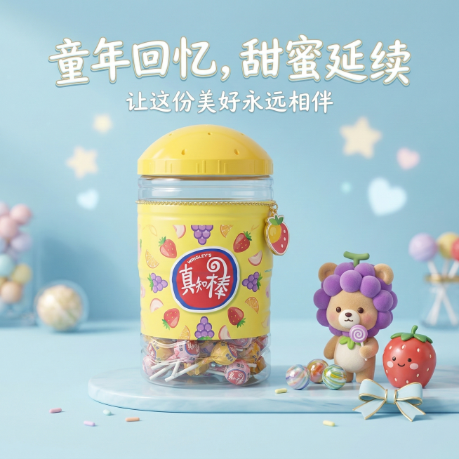 背景改为治愈的马卡龙蓝，桶装真知棒旁摆放可爱的卡通装饰，添加卖点文案"童年回忆，甜蜜延续"，风格可爱高级预览效果