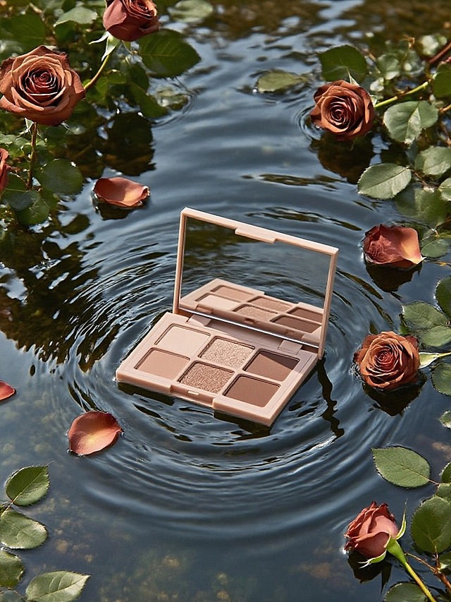 产品在溪流的水面上，眼影盘周围有棕色的玫瑰，玫瑰花瓣、叶子，下方有水波纹，倒影；俯瞰视角