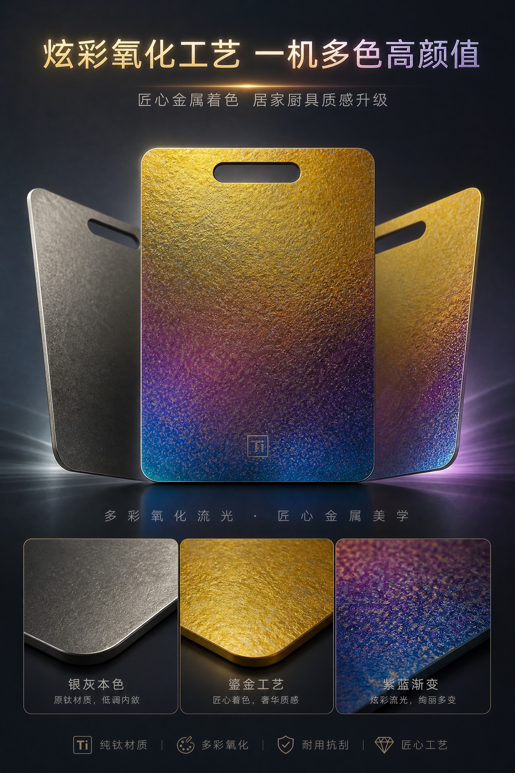 [商品] 使用上传的炫彩鎏金氧化肌理面纯钛砧板；保留长方形圆角… - 图片创意预览