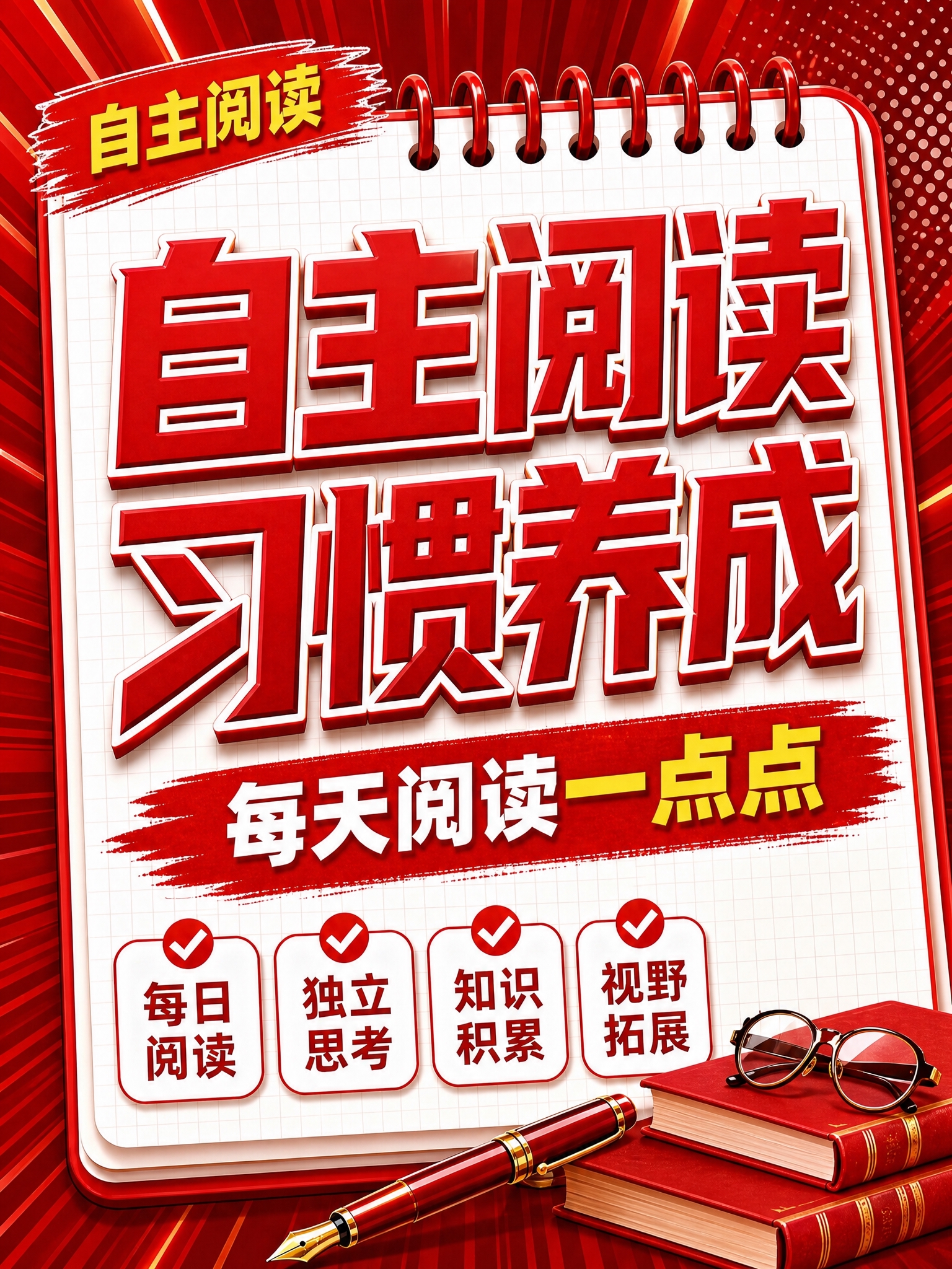 红色立体字风格开学季竖版海报，红色线圈笔记本构图，深红色放射背… - 图片创意预览