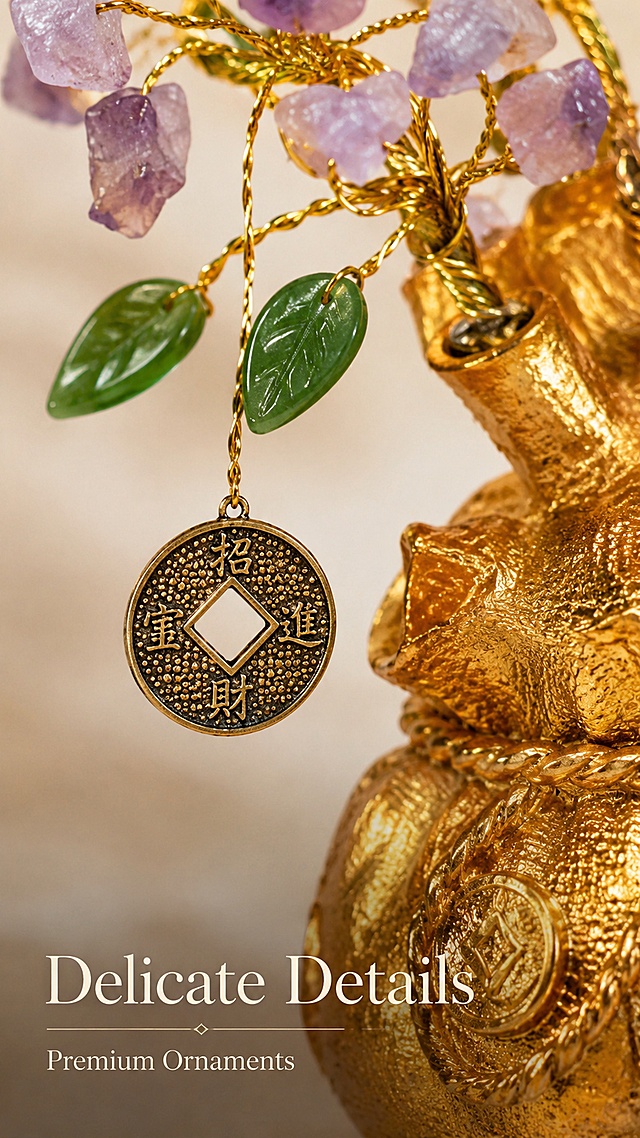 [第7屏] 装饰细节展示，Lucky Coin & Jade Leaf Details。本屏使用【图1】作为商品主体，展示铜钱挂饰与绿叶细节。
[氛围/风格] 微距细节特写，突出精致装饰做工，细腻真实，清晰质感。
[元素布局] 特写聚焦枝干部分的铜钱挂饰和绿叶装饰，保留复古铜钱纹理、仿玉绿叶的通透质感，金色缠绕线条清晰；背景虚化，细节占画面约75%，做工细节清晰可辨；保留产品原有结构颜色不变。
[光影质感] 侧光打光，突出金属铜钱和绿叶材质的不同质感，纹理清晰，光影层次丰富。
[配色色系] 全局底色 #f4f0ed；主色金色+绿色+古铜色；辅助色浅暖灰背景。
[视角构图] 近距离特写，聚焦装饰细节，突出做工精致。
[文字版式] 底部标题文字：主标题「Delicate Details」，副标题「Premium Ornaments」，浅色英文位于底部，不遮挡细节。
[比例分辨率] 9:16 竖版比例，4K分辨率，文字清晰可辨，高清画质。
[负向提示词] 细节模糊，结构变形，颜色偏差，文字错乱，水印，中文文字。