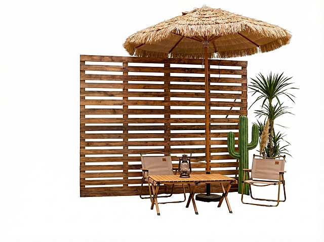 单独抠出图片中的木质沙滩桌和两把休闲沙滩椅，包括桌上的煤油灯，去掉其他所有元素，保留完整轮廓，背景为纯白色