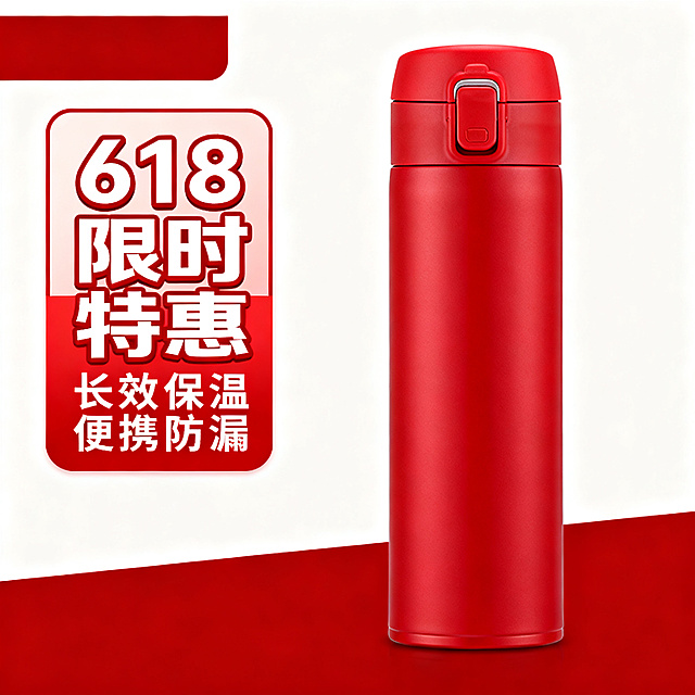618保温杯电商主图前置左侧贴片，红色促销风格，带有卖点文字，设计简洁竖版适配保温杯产品