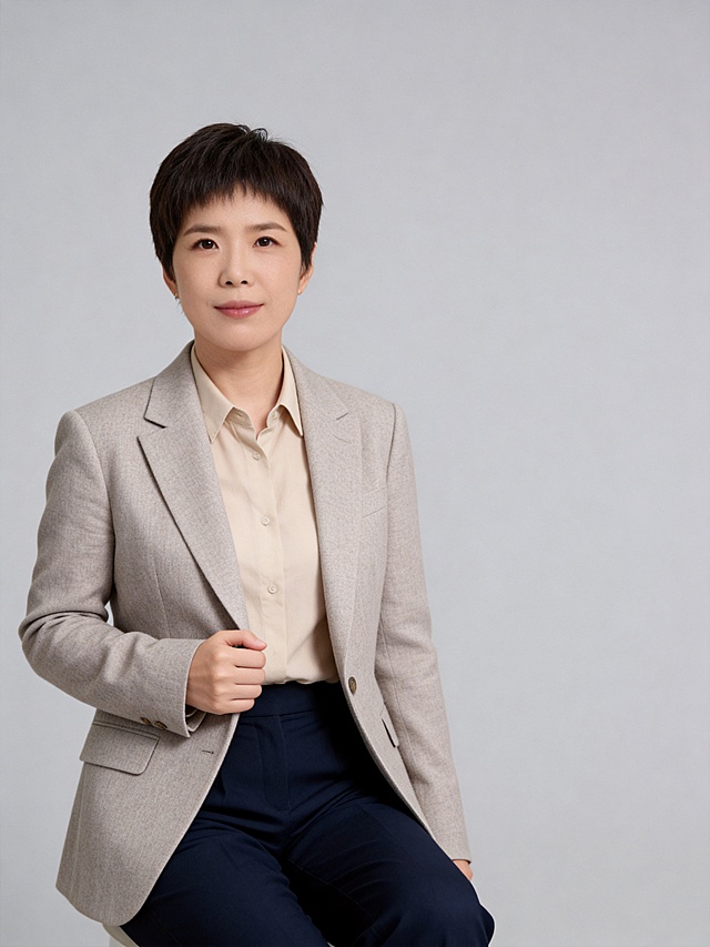 参考图中保留人物脸型、发型、年龄等特征生成教师知识博主职场形象照，标准焦段50mm，f/4光圈，平视视角，镜头与人物视线齐平；人物占画面70%，人物居中，居中构图，位于画面中心，为视觉聚焦点，入境范围头部及以下至臀部下方10cm半身像；左右留少量背景空间；头部与画面顶部保留5%空间；头部发型完整，头肩比例协调，人物结构准确；身穿米灰色精纺羊毛混纺休闲西装外套，平驳领设计，面料呈细腻微微哑光质感；内搭浅卡其色棉质衬衫；下装藏青色直筒休闲西装裤；着装正式干练；博学温润知性内敛，学者风范；身形匀称，姿态端正，身体挺拔。呈自然坐姿，右手轻握西装前襟，肢体放松且自信；发质微微柔顺，微微蓬松；去除耳环配饰；简约中度灰色纯色背景，呈现均匀柔和质感，背景光线均匀柔和，强化色彩对比的高级感，极简干净；画质超高分辨率、细节清晰，现代精致感风格；肤质精细化处理；眼神直视镜头，目光坚定且澄澈，表情自然，嘴角上扬；清透自然裸妆，轻薄底妆加淡唇妆，妆感轻薄轻透裸肌感，通透感肤质，肤质自然细腻，肤色健康均匀，雾面柔光裸肌感，保留真实皮肤细节｡正面柔光补光，4800K中性光，面部光比1:1.5，色调明亮｡中近景写实摄影，对焦清晰，高清保留皮肤细节；分辨率4K，去除人物之外的所有元素，严格按照图片内容生成，画面比例3:4
