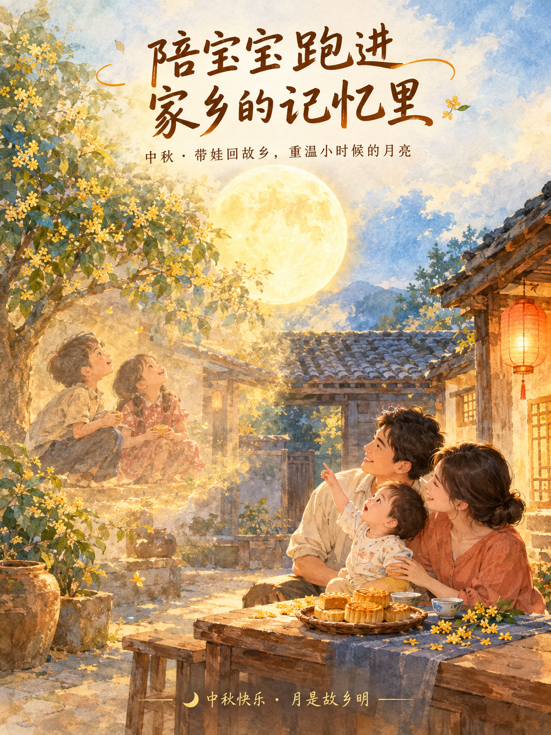 手绘水彩风格中秋节日海报，3:4竖版，小红书封面。画面主体是一… - 图片创意预览