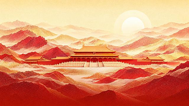 将这张竖版插画改为横版16:9构图，保持原有的国潮颗粒质感风格，画面主体为中式古建筑宫殿，背景是层叠的红金色山峦和圆形太阳，暖黄色渐变天空，整体色调为红金暖色系，保持画面元素风格一致，左右延展画面使构图平衡美观
