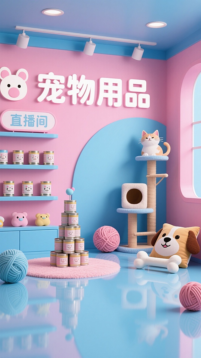 3D风格，粉蓝撞色系，“宠物用品”直播间，装饰有宠物罐头塔、毛线球，背景有猫咪爬架和狗狗骨头抱枕，整体可爱治愈系