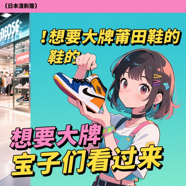 动漫风格插画，可爱少女举着运动鞋推荐，背景是潮流店铺，画面中醒目显示文字："想要大牌莆田鞋的宝子们看过来"，明快配色，二次元风格，细节精致预览效果