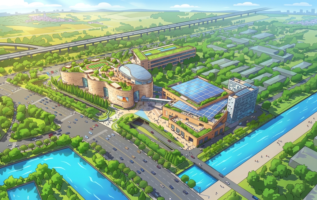 将这张建筑鸟瞰图转换为卡通风格，保留建筑、河流、道路和整体布局，整体画风卡通化预览效果