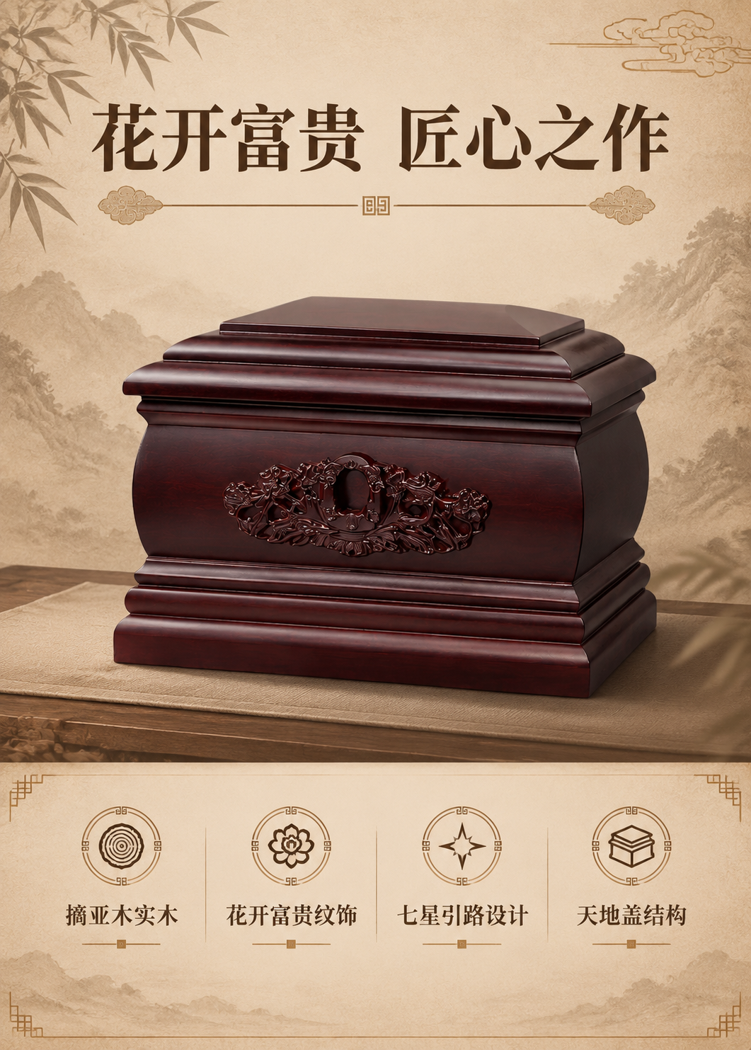 [商品] 使用【图1】花开富贵摘亚木实木骨灰盒正面45°图；保… - 图片创意预览