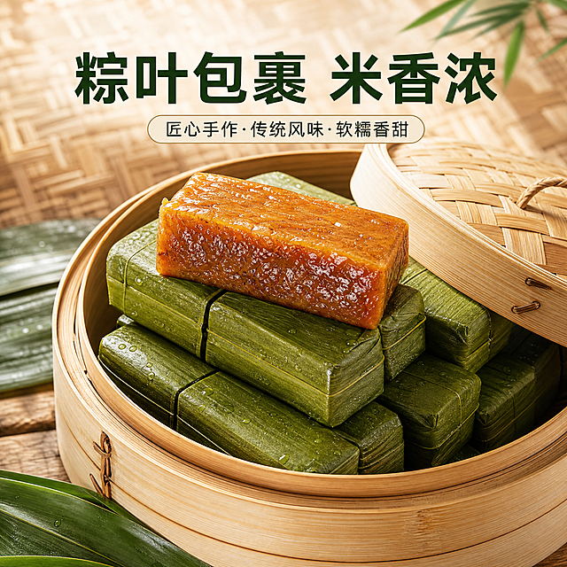 [主图-2] 四川特产黄粑卖点粽叶包裹米香浓
[氛围风格] 原生粽叶天然清香氛围感
[画质] 商业摄影质感、自然日光、纹理清晰真实、画面干净高级。
[元素] 多个完整粽叶包裹的黄粑整齐堆叠在竹制蒸笼中，掀开蒸笼盖子露出，粽叶纹理清晰可见，带着自然露水光泽。蒸笼放置在农家木案上，周围散落几片新鲜粽叶，背景是农家竹编背景虚化。保持黄粑产品外观、物理结构、材质质感、颜色与输入产品图绝对一致，杜绝任何变形和色差，精细化处理。商品主体占比严格控制在70%左右，画面满屏无边框。
[光影] 上午柔和自然光从窗户射入，粽叶形成自然明暗层次，突出粽叶新鲜质感。
[配色] 主色调粽叶自然翠绿+黄粑棕黄，竹编浅原木色，清新自然配色。
[视角构图] 俯视拍摄，整笼黄粑作为视觉中心，景深适中。
[文字版式] 顶部负空间居中，大字主文案"粽叶包裹 米香浓"，深绿色粗体，浅米色小标签衬托，清晰不遮挡主体。
[比例分辨率] 1:1比例，2k分辨率，文字清晰锐利，画面超高清。
[负向提示词] 变形，水印，文字错乱，产品图模糊，背景杂乱，违规极限词