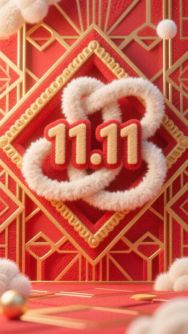 3D重拟物风结合毛发生长质感，红金刺绣纹理背景，浮雕式“11.11”立体字被绒毛环环绕，营造喜庆奢华的双11节日氛围。