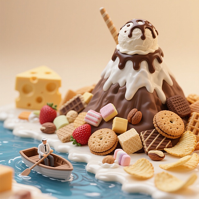 由美食堆砌而成的微缩场景，一颗大冰激凌球堆砌而成的山峰，上面撒满巧克力酱，一个身穿白色套装的工作人员坐在一艘小船上在河流中，岸边是奶油铺设的地面，地面上有奶酪，曲奇饼干，草莓，软糖，坚果，威化方块，薯片等零食，浅色暖色背景