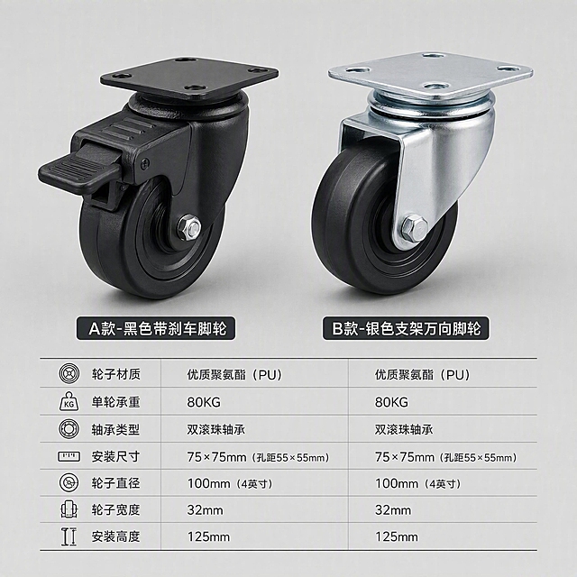 两款工业脚轮产品对比展示图，左侧黑色带刹车脚轮，右侧银色支架黑色万向脚轮，并排摆放于浅灰色背景上，下方有简洁的规格参数文字说明，极简工业风格，专业产品摄影，金属质感清晰，均匀柔光照明