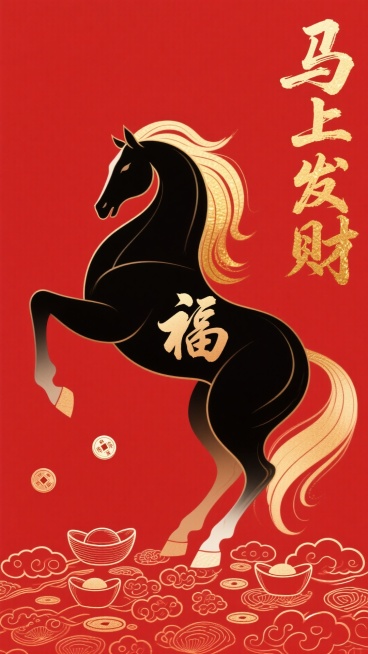 底色用哑光正红，画面中央是一匹线条流畅的抽象黑马，鬃毛用金色渐变线条勾勒，呈飘逸的草书 “福” 字弧度，马蹄踩着细碎的元宝纹与祥云纹。右侧竖排写着金色毛笔字 “马上发财”，左下角点缀一枚小巧的铜钱线稿预览效果