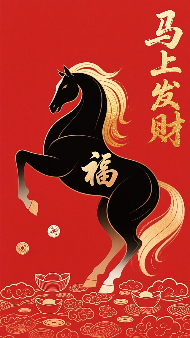 底色用哑光正红，画面中央是一匹线条流畅的抽象黑马，鬃毛用金色渐变线条勾勒，呈飘逸的草书 “福” 字弧度，马蹄踩着细碎的元宝纹与祥云纹。右侧竖排写着金色毛笔字 “马上发财”，左下角点缀一枚小巧的铜钱线稿，整体没有写实元素，靠线条疏密营造高级感