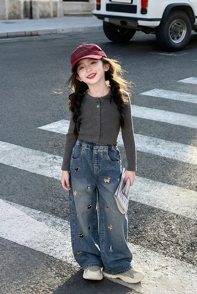 把图1的裤子给图的2的人物穿上，保留原场景光影，保持图2的人物的上身穿着不变，五官和发型不变，图片宽高尺寸不变，背景不变，人物姿势不变，保持图1的裤子的款式和颜色不变