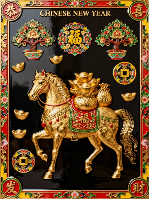 华丽装饰插画，主体是金色骏马驮着金元宝和福袋形象，搭配装饰化发财树（具华丽纹样），环绕彩色装饰纹样，画面顶部 “CHINESE NEW YEAR”，四角“恭喜发财”。搭配多彩纹样，氛围精致华丽预览效果
