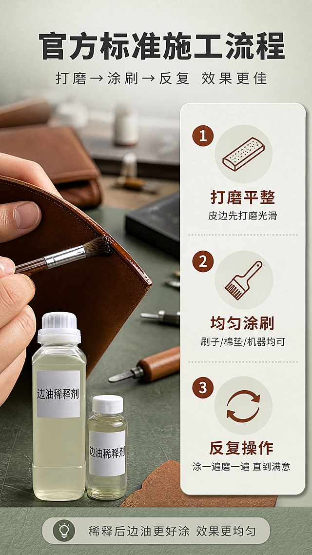 [商品] 使用【图1】边油稀释剂大小瓶组合；保留方瓶大瓶和圆瓶小瓶的结构、颜色、标签文字；商品处理：瓶身通透有质感，液体颜色均匀，标签清晰，比例不变形。
[画面] 目标：使用方法②——上油施工官方标准流程。构图：左侧皮革边油施工场景（皮具边缘涂刷边油的手部特写，刷子蘸边油涂抹皮边），右侧三步施工流程卡。产品瓶身位于左下角。背景：浅灰绿渐变 + 皮具工作台实景虚化（皮料、打磨条、边油笔等工具）。场景图占画面约50%，流程卡占40%。阅读动线：顶部标题→左侧施工场景→右侧流程步骤。
[视觉] 套系策略：风格=专业工业风皮具工坊商业摄影；标题字=现代粗黑体（思源黑体Heavy）；正文字=简洁无衬线体（思源黑体Regular）；主色=浅灰绿；背景延展=基于浅灰绿做深浅层级、同色渐变和细腻哑光纸面/皮革纹理质感；强调色=深棕红（皮革色），仅用于步骤编号和重点标注；标题色=深炭灰；正文色=中暖灰；组件=圆角流程卡、数字编号、皮革质感图标；光影=侧前柔光，皮边涂刷处有重点光突出细节。
[文字] 顶部主标题："官方标准施工流程"（8字），副标题："打磨→涂刷→反复 效果更佳"（12字）。右侧三步：①"打磨平整 皮边先打磨光滑"，②"均匀涂刷 刷子/棉垫/机器均可"，③"反复操作 涂一遍磨一遍 直到满意"。底部小字提示："稀释后边油更好涂 效果更均匀"。所有文字横排，手机端可读。
[规格] 图片比例9:16竖版，4K分辨率，quality=medium。负向提示：避免瓶身变形、标签文字错乱、文字竖排/斜排、文字过小、极限词、冷蓝背景、与前五张同构。