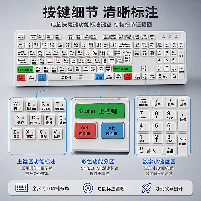 [主图-3] 电脑快捷键功能标注键盘 结构细节证据图 按键标注细节特写 功能分区清晰展示。
[统一基调] 专业办公科技感 冷灰色渐变背景 主标题深灰近黑色 辅助文字中灰色 强调色科技蓝 字体为无衬线粗体 字号层级分明 卡片圆角矩形 整体简洁大气 传递专业靠谱品质感。
[画面] 画面上方保留键盘整体俯视图小尺寸展示 下方用三个放大特写窗口展示按键细节 第一个放大窗口展示主键区 标注 中文功能名+快捷键符号 双行标注清晰 第二个放大窗口展示绿色Shift键和红色Ctrl键 标注 彩色功能分区 一目了然 第三个放大窗口展示数字小键盘区 标注 全尺寸104键 数字输入更高效 每个放大窗口有引线指向键盘对应区域 背景为中灰色渐变 突出细节特写。
[光影质感] 商业微距摄影质感 按键表面字符清晰锐利 键帽边缘有细腻高光 按键之间缝隙有自然阴影 放大窗口内细节清晰可见 字体印刷质感真实。
[配色] 背景中灰渐变 键盘白色 按键字符黑色 功能键绿红蓝三色 放大窗口边框科技蓝色 引线浅蓝色 标题文字深灰色。
[文字版式] 顶部标题 按键细节 清晰标注 下方三个放大窗口 每个窗口下方有简短说明文字 引线标注清晰 文字不遮挡按键细节 字体统一无衬线。
[输出要求] 1:1正方形比例 2K高清分辨率 按键字符清晰锐利 细节丰富 无变形 无错字 无模糊 无水印 无平台Logo。