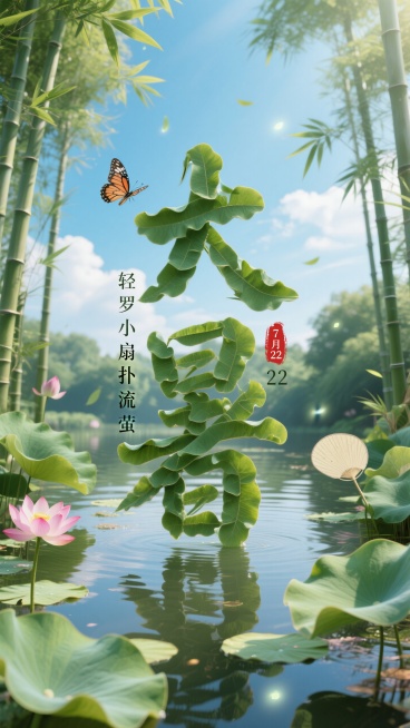 画面视觉中心为荷叶组成的“大暑”大字，加上大暑的农历日期“7月22”小字，以红色印章为底色，宁静的池塘，幽静的竹林，荷叶，荷花，竹叶，蝴蝶，蓝天白云。色彩保和明亮，"轻罗小扇扑流萤"的梦幻景象预览效果