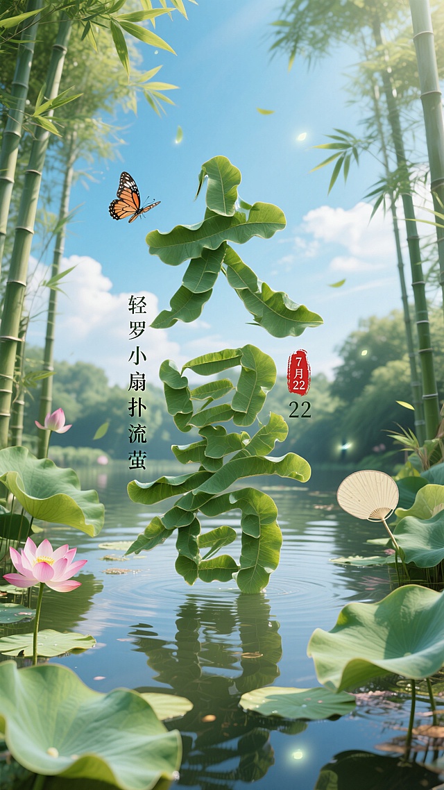 清新中式工笔风，虚拟自然水墨感，荷塘竹影蝶翩跹，古典雅致夏日景。