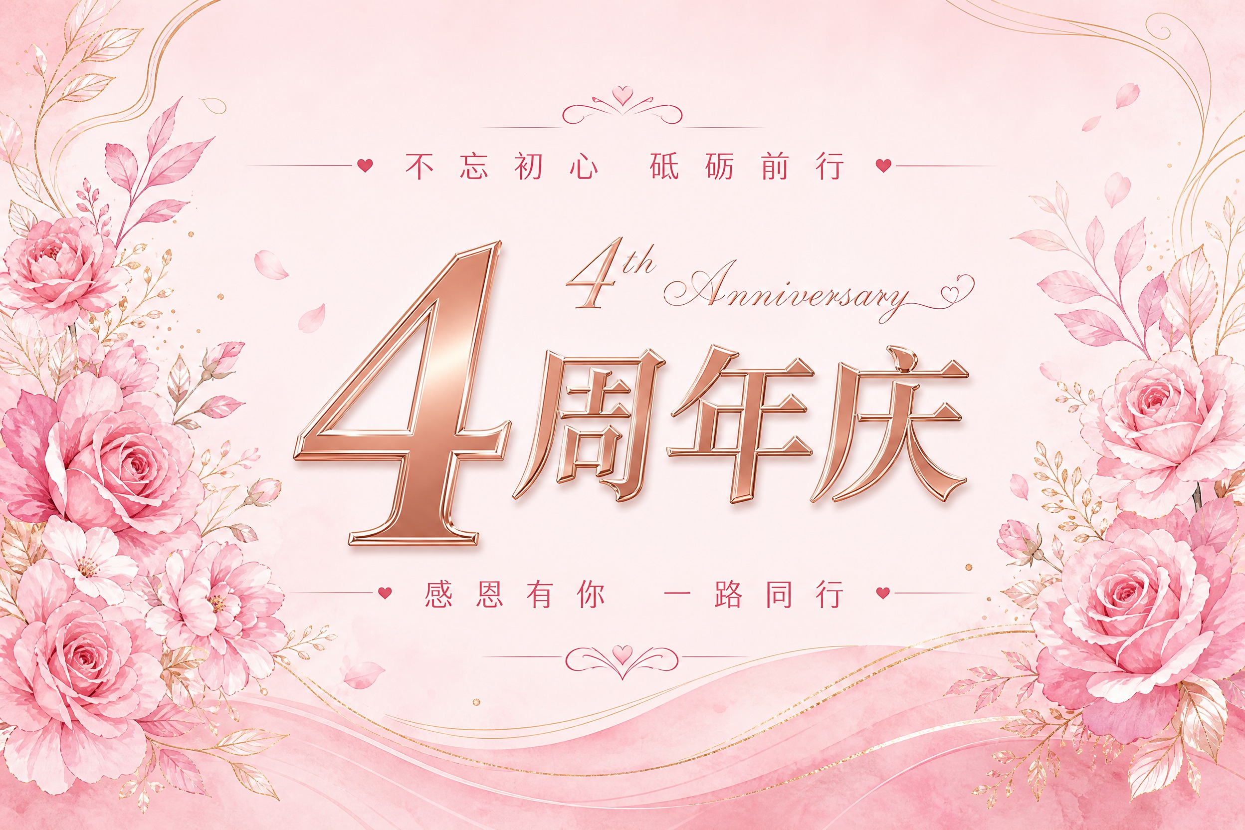 4周年庆平面展板设计，粉金浪漫风格，纯平面版式适合印刷KT板，… - 图片创意预览