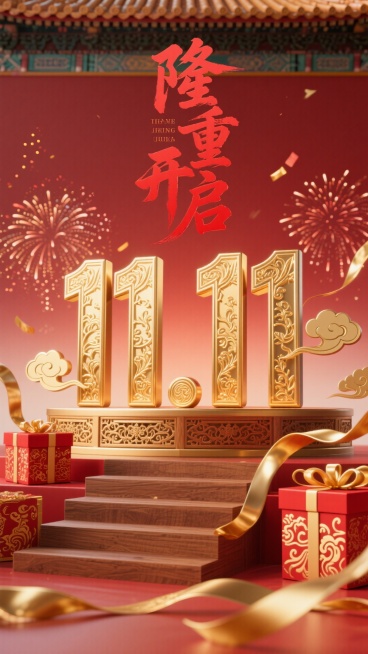 国潮古风风格，烫金浮雕“11.11”立体字，上方红色古风书法 “隆重开启” 艺术字，周围环绕红金纹古代礼盒、祥云纹金色丝带、传统烟花、金箔碎，背景为故宫红墙渐变，底部木质雕花阶梯展台，正面视角。不要斜预览效果