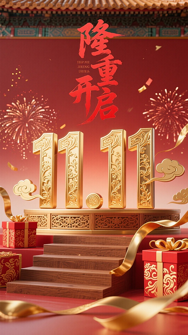 国潮古风风格，烫金浮雕“11.11”立体字，上方红色古风书法 “隆重开启” 艺术字，周围环绕红金纹古代礼盒、祥云纹金色丝带、传统烟花、金箔碎，背景为故宫红墙渐变，底部木质雕花阶梯展台，正面视角。不要斜视
