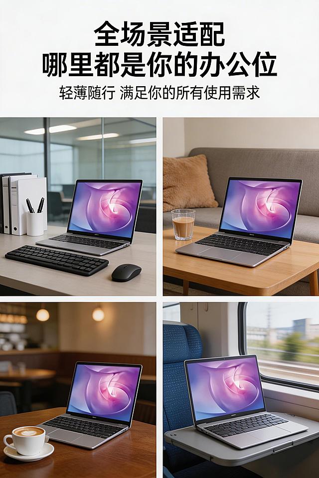 2:3竖版电商详情图，杂志级精致排版，与整体统一极简商务科技风，色调统一，所有中文文字使用统一的极简无衬线字体，格式规范统一。画面核心主体严格还原上传的产品图，包括包装设计、颜色、LOGO位置、文字内容、图案元素等所有细节，产品外观必须与参考图完全一致，不得改变包装设计、配色方案或品牌元素，保持产品的真实金属哑光质感。画面采用四格分栏的杂志排版形式，分别呈现四大使用场景：【商务办公室场景】产品放置在办公桌面，搭配键盘鼠标；【居家休闲场景】产品放置在书桌/沙发；【咖啡厅移动办公场景】产品放置在咖啡厅桌面；【差旅出行场景】产品放置在高铁小桌板，每个场景都真实还原产品外观，光影自然。画面顶部居中放置加粗主标题【全场景适配 哪里都是你的办公位】，主标题下方放置副标题【轻薄随行 满足你的所有使用需求】，背景为极简白色背景，整体画面场景真实，氛围感强，8K超高清，排版精致。