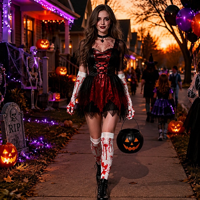 Halloween trick-or-treat scene, person wearing blood splatter gloves and socks with a scary costume, walking on a decorated residential street at dusk with Halloween decorations: carved pumpkins on porches, orange lights, purple and black balloons, cobweb decorations, holding a candy bucket, fun spooky atmosphere, both gloves and socks clearly visible, bright and vibrant overall tone, black orange purple color scheme, lifestyle photography, realistic, high detail, e-commerce lifestyle image, 1:1 square composition