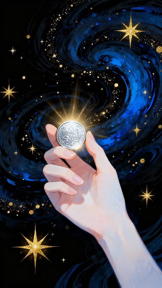 一只手轻柔地握着一枚散发着柔和光芒的银币，银币上有着精致的花纹，手部姿态优雅，手指纤细白皙，指甲修剪整齐。背景是深邃的黑色与神秘的靛蓝色交织的漩涡状纹理，点缀着金色的闪烁星点和光芒四射的金色星星，整体呈现出梦幻而唯美的插画风格，色彩和谐统一，光影对比柔和，营造出宁静而神秘的氛围。