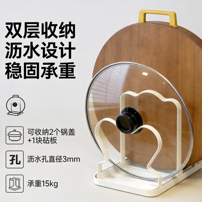 拼多多卖点详情图，白色锅盖砧板架，展示核心卖点：“双层收纳 沥水设计 稳固承重”，用清晰的图标和数据标注，背景简洁干净，文字用无衬线体，突出利益点，建立信任预览效果