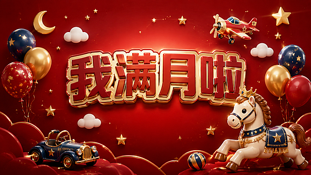 基于参考图重新设计宝宝满月背景图，更适合男宝宝风格，整体更高级精致。红色渐变背景为主，色调偏深红与酒红渐变，更显高级质感。画面中央保留"我满月啦"艺术字体，字体改为更硬朗大气的立体字风格，金色金属质感描边，去掉皇冠上的爱心元素。装饰元素改为：帅气的卡通小马（偏王子风格，蓝色或金色配饰，去掉粉色蝴蝶结和腮红），增加星星、月亮、小飞机、小汽车等男宝宝元素，去掉过多的粉色爱心元素。云朵改为简洁白色，气球改为深蓝、金色、红色配色。整体风格简约高级，有质感，喜庆但不甜腻，适合男宝宝满月庆祝