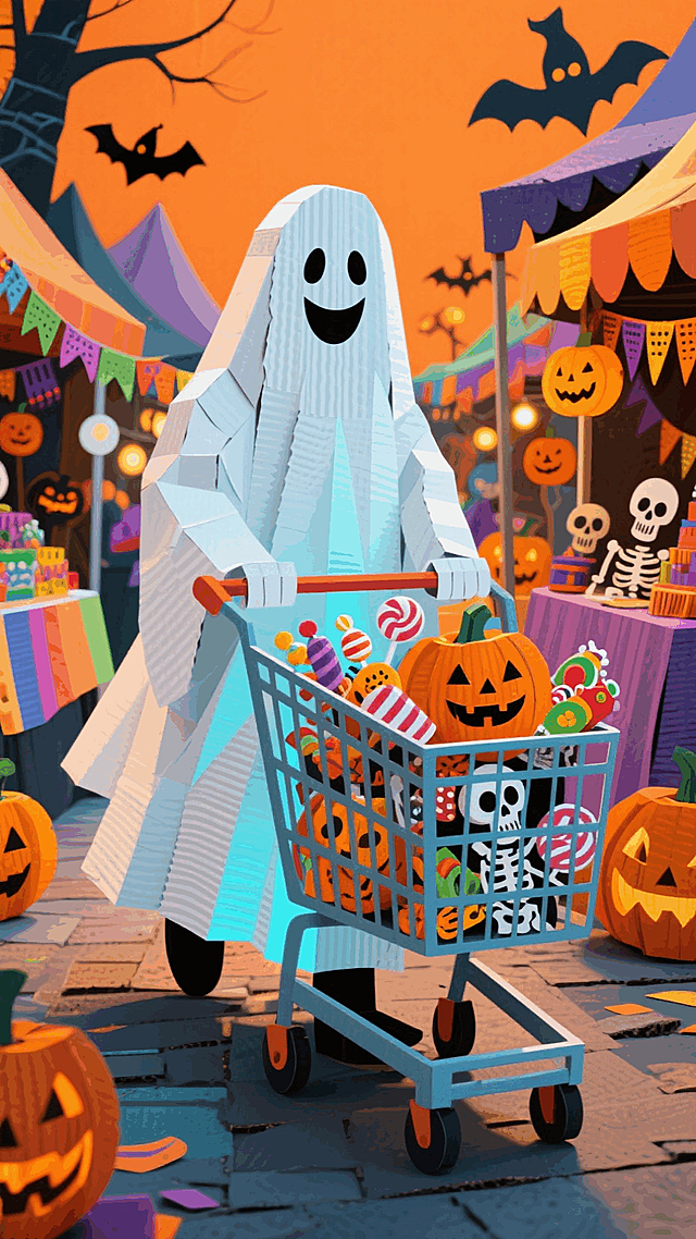 一位推着装满商品购物车、面带笑容的幽灵，两侧万圣节的活动市集，充满活力与欢乐感，橙色背景