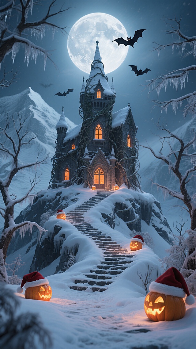 一座被藤蔓缠绕的古老哥特式城堡坐落在冬日雪山之巅，城堡尖顶上覆盖着厚厚的积雪，窗户透出温暖的橘黄色光芒，城堡前方是一条被白雪覆盖的蜿蜒石阶小路，小路两旁点缀着几个戴着圣诞帽的发光南瓜灯，天空中挂着一轮皎洁的满月，几只黑色蝙蝠在月光下飞舞，周围是光秃秃的、挂满冰凌的枯树枝，整个场景笼罩在一种神秘而温馨的冬日氛围中，3D渲染，超详细，高清，8K分辨率。
