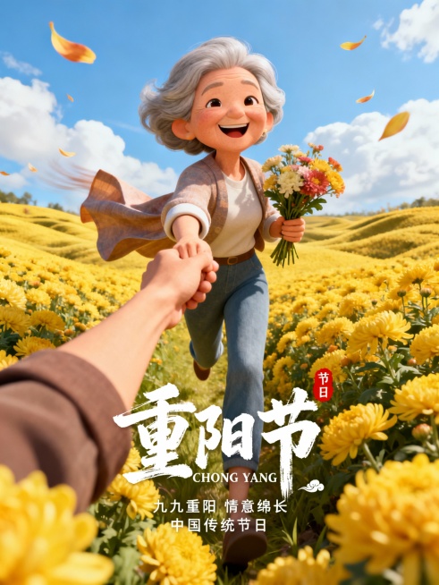 3D卡通风格，夸张构图，第一人称正面视角，透视感强，一位可爱的奶奶奔跑着手捧一束花，穿着时尚休闲服饰，在一片黄色菊花海里，镜头前一只手向后拉着另一只手，露出幸福的微笑，强烈的仰视感，一阵风吹动衣角，吹预览效果