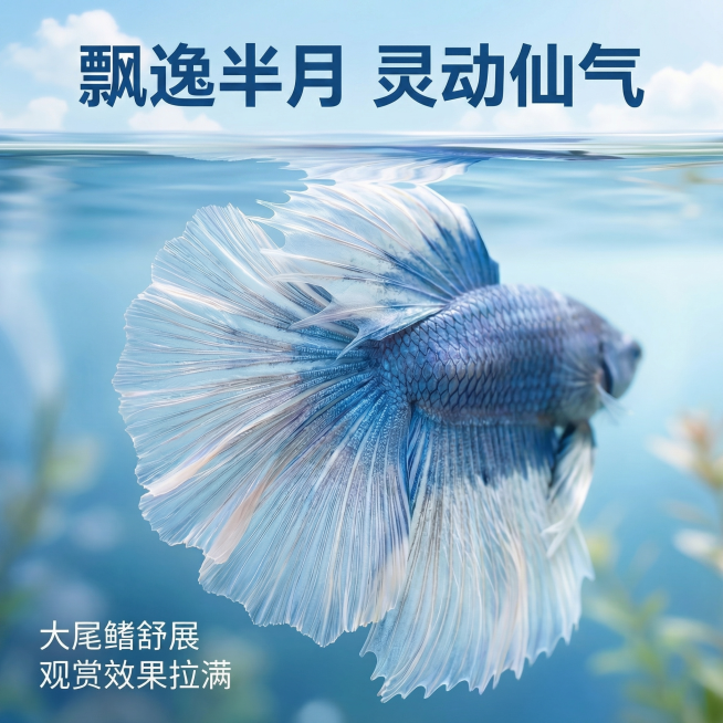 [主图 1] 泰国半月斗鱼商品首图
[氛围风格] 清新自然水族风格，突出飘逸仙气质感
[画面元素] 商业摄影质感、光线柔和通透、产品清晰真实、画面干净高级。图片主体为蓝色半月泰国斗鱼，保持外观与原图一预览效果