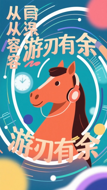现代平面设计风格对比海报，动画马在由飞速线条和时钟代表的忙碌背景中，于自己的一方小天地（如戴着耳机）保持宁静。流畅的书法字体“从从容容”和“游刃有余”以环形或环绕形式，像结界一样将平静的马与周围忙碌隔预览效果
