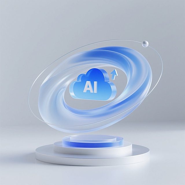 不规则轻薄旋涡白蓝青色抽象流动感渐变背景，磨砂玻璃质感，有透明感和光泽感，旋涡中心有个圆形底座，旋涡渐变透明感，逐渐向外扩展并与白色背景完美平滑融入，有运动走势和空间感，光效过渡自然，完整结构，高清质感。底座上有（一个蓝色渐变透明材质的多层云服务图标、云服务上有个向上箭头，展台上有数字“AI”、有数字屏幕，围绕一个倾斜细环，细环有一个小球），干净纯白色背景，等轴侧视角，梦幻风格，色彩明亮，3D艺术，blender风格，oc渲染器，减少细节，高分辨率，用途UI设计背景图，类型数字艺术作品