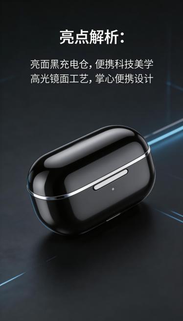 【选定风格：科技未来风】，电商详情竖版，蓝牙耳机充电仓 1:1 还原，细节 / 颜色 / 比例精准，主色亮面黑 (#1A1A1A) 不准改，辅色深空灰 (#333333)、点缀色银色 (#C8C8C8预览效果