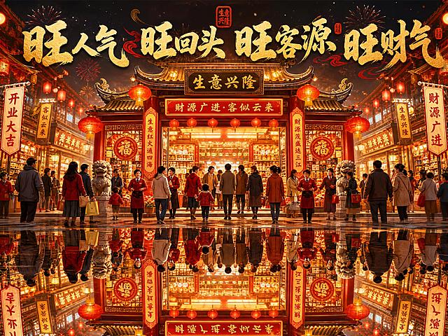 4:3横版场景图，热闹的门店生意镜像对称构图，画面中央是一家生意兴隆的中式店铺，门口人头攒动、顾客盈门，店员热情招呼，店内灯火通明、商品琳琅满目，门口挂着红灯笼和喜庆装饰，地面有倒影形成镜像效果，氛围红火兴旺。画面中融合醒目的书法风格文字："旺人气 旺回头 旺客源 旺财气"，文字采用金色或红色，与热闹场景自然融合，整体色调温暖喜庆，充满烟火气和财运亨通的感觉，国潮插画风格，细节丰富，画质精美