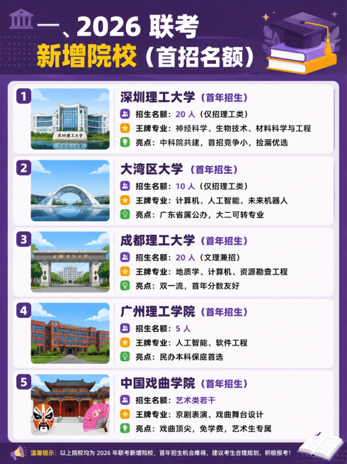 采用扁平插画风格，卡片式UI排版，知识可视化，主色调#593961，图片比例3:4，排版以下2026联考新增院校文案：一、2026 联考新增院校（首招名额）
深圳理工大学（首年招生）
招生名额：20预览效果