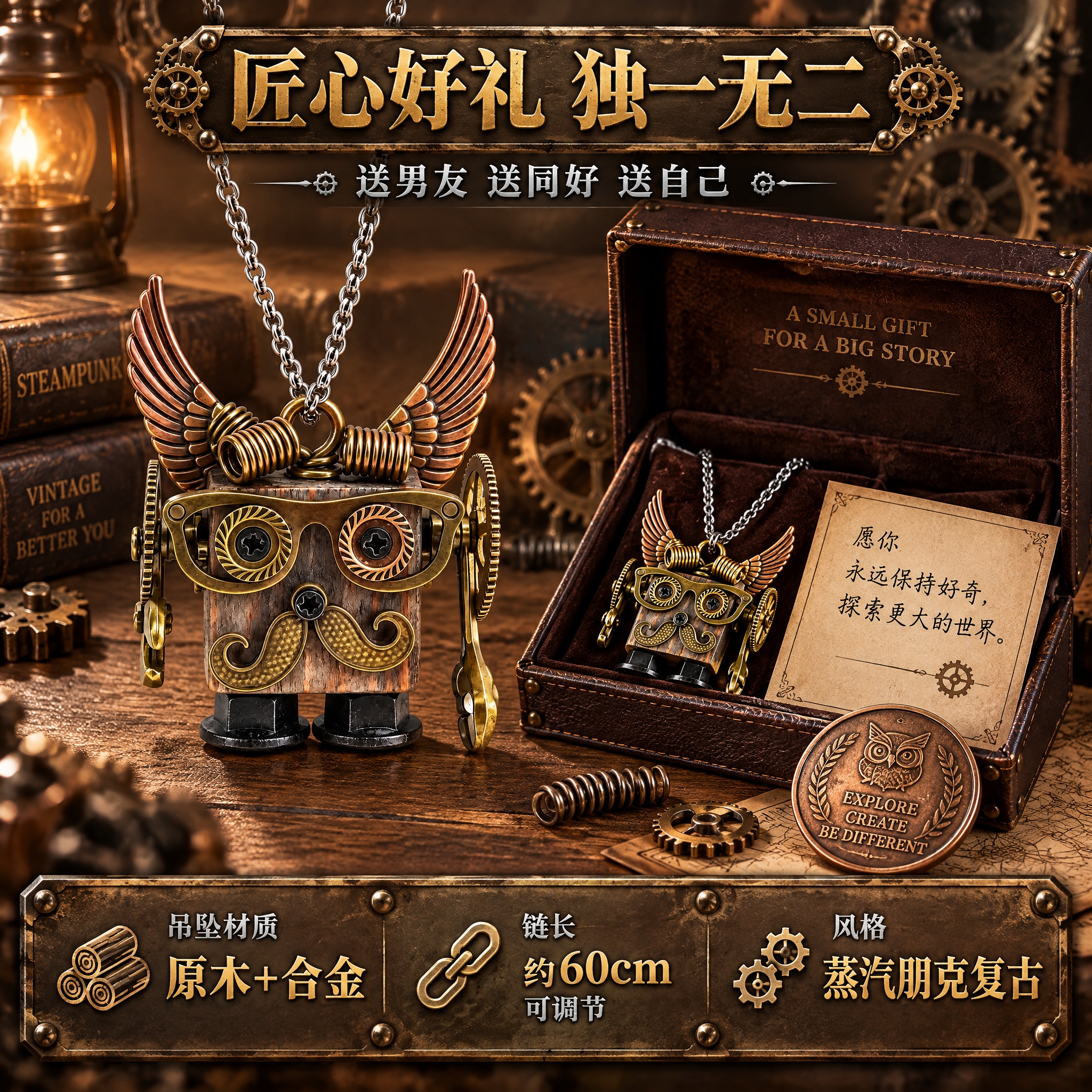 [主图-5] 蒸汽朋克机械猫头鹰项链 礼赠场景与规格展示 突出… - 图片创意预览