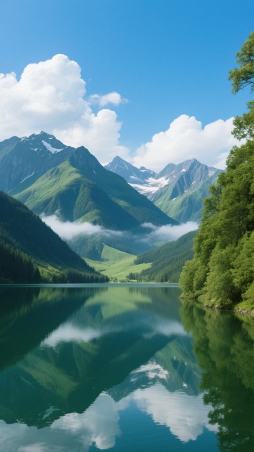 超高清摄影风格，晴朗白天，远山背景，雄伟壮丽的层叠山脉，部分峰顶覆盖少量积雪，山体呈现深绿与墨绿的植被覆盖，山脚过渡为浅绿色，山间云雾缭绕增添层次感，山脉倒映在平静如镜的深绿色湖水中，湖面清晰反射天空与山峦的轮廓，右侧前景有茂密的绿色树木，天空湛蓝，漂浮着洁白蓬松的云朵，阳光明媚，光线柔和，整体氛围宁静悠远，色彩鲜艳饱满，自然写实质感，极佳的清晰度与细节表现，广阔的视野，三分法构图。预览效果