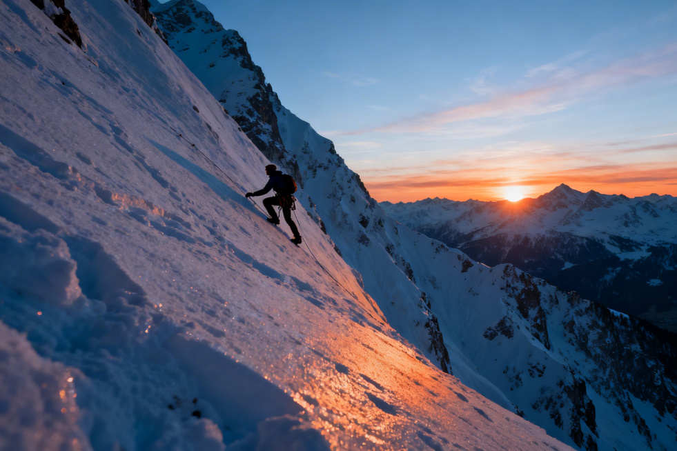 攀岩雪山的人物侧身远景照，人物在陡峭雪壁上攀爬，远处雪山后太阳微微升起，霞光晕染天际预览效果