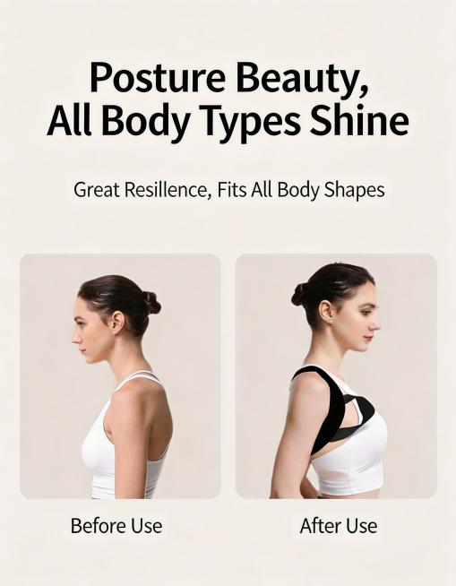 将图中所有中文文案替换为英文：'姿态美 胖瘦皆为美'替换为'Posture Beauty, All Body Types Shine'，'回弹好，hold住各种身形'替换为'Great Resilie预览效果