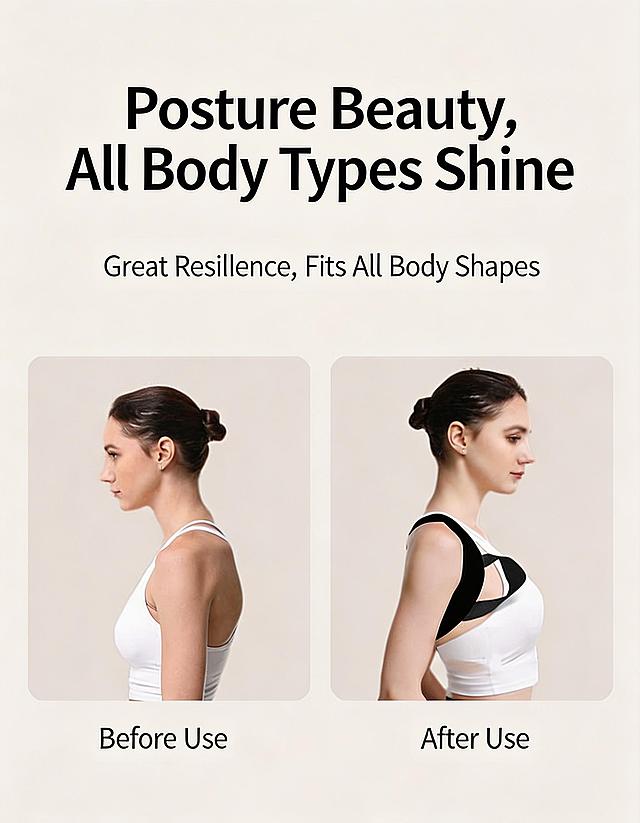 将图中所有中文文案替换为英文：'姿态美 胖瘦皆为美'替换为'Posture Beauty, All Body Types Shine'，'回弹好，hold住各种身形'替换为'Great Resilience, Fits All Body Shapes'，'使用前'替换为'Before Use'，'使用后'替换为'After Use'，保持画面其他元素不变