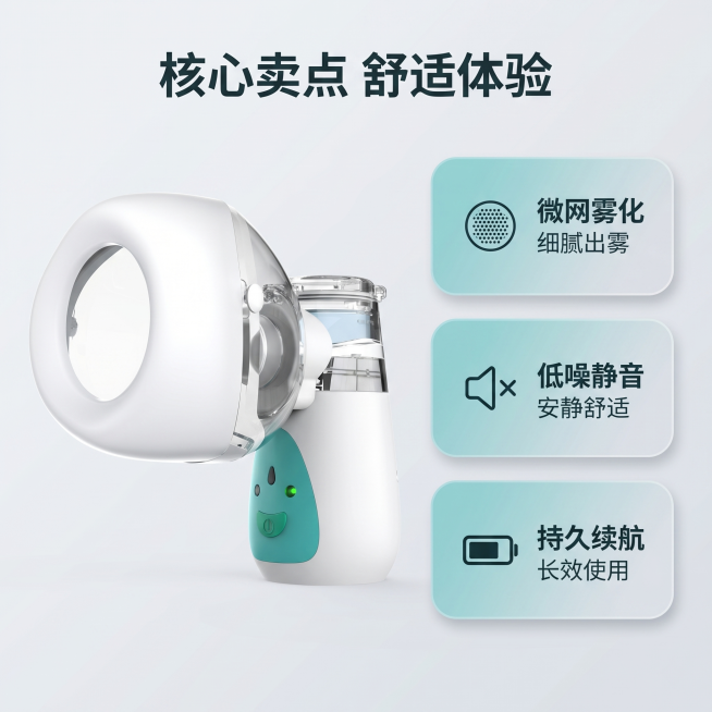 [主图 2] 便携式手持雾化器核心功能亮点展示。
[氛围/风格] 医疗健康科技风，简约高级；商业摄影质感、光线柔和通透、产品清晰真实、画面干净高级。
[元素/光影] 采用Bento栅格风格布局，左侧放预览效果