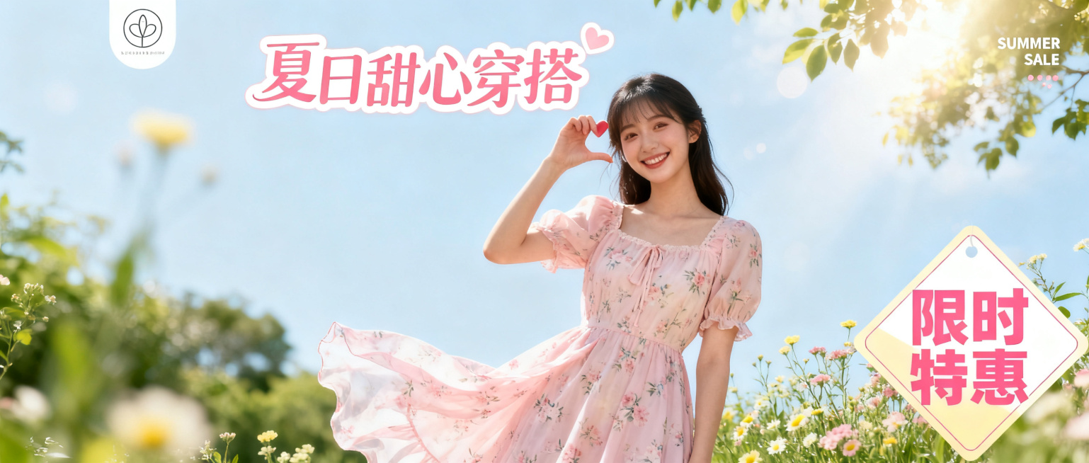一张夏季甜美风格的公众号封面图，2.35:1横版比例。画面中央是一位20岁左右的亚洲女生，穿着浅粉色碎花连衣裙，裙摆飘逸轻盈，露出甜美治愈的笑容，比着可爱的爱心手势。背景是清新的夏日户外，浅蓝色天空，预览效果